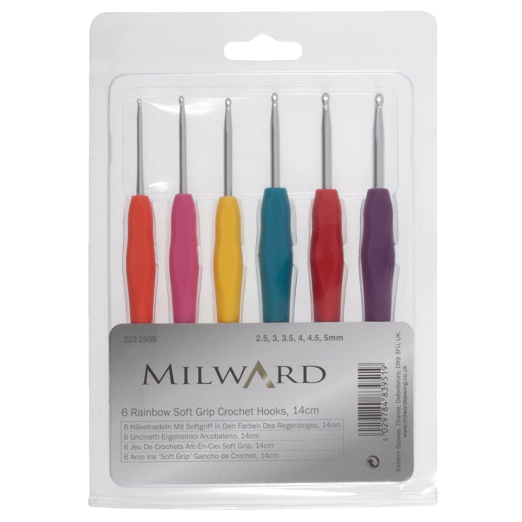 6 Rainbow Soft Grip Crochet Hooks, 14cm