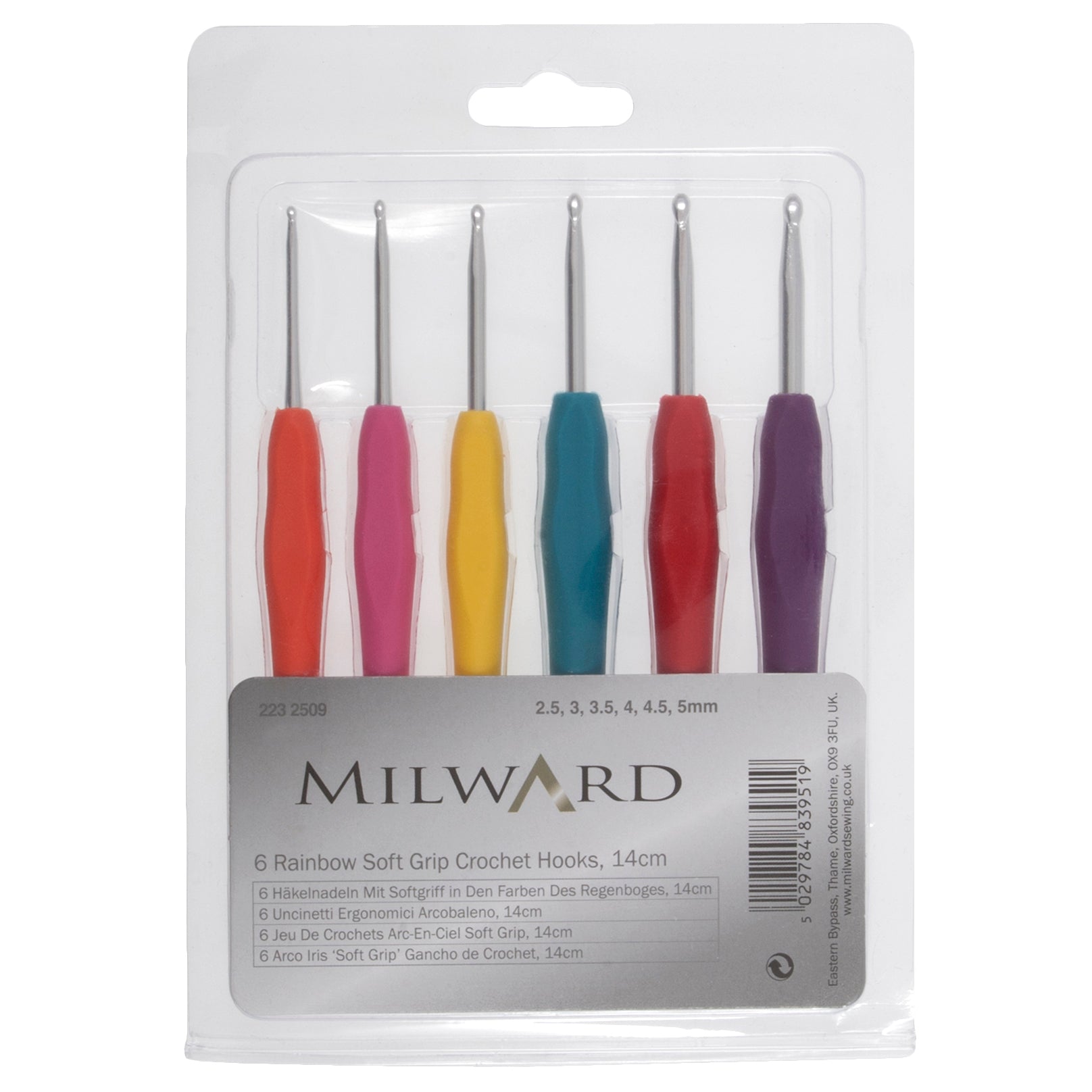 6 Rainbow Soft Grip Crochet Hooks, 14cm